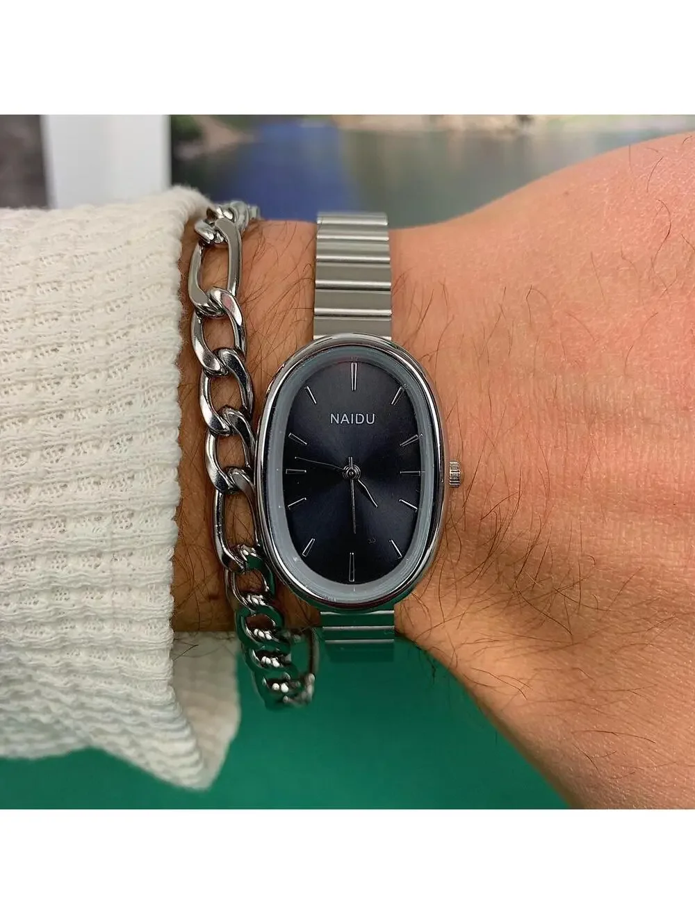 Y2k style silver round stainless steel luxury classy sport black and silver